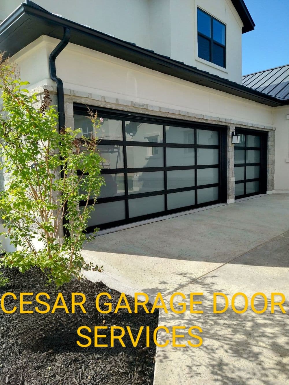 Modern garage door installation by Cesar Garage Door Services with sleek design and landscaping.